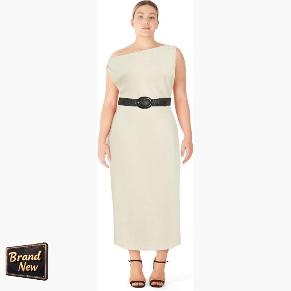 Plus Size Maxi Dress with Statement Neckline, Linen Blend, Removable Belt